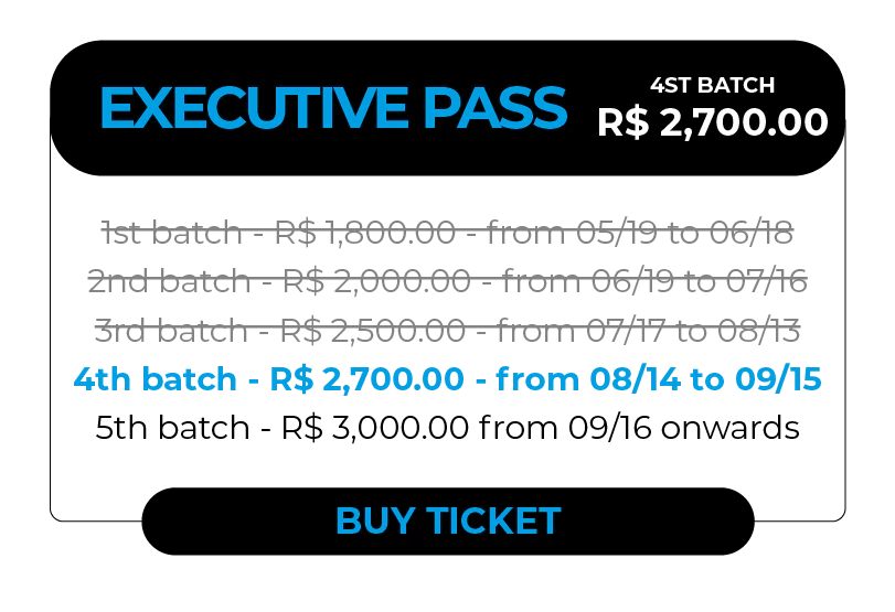 Information card for purchasing an 'Executive Pass' ticket. The current price is for the 2nd batch: R$ 2,000.00. Batch details: 1st batch (closed) R$ 1,800.00 from 05/19 to 06/18; 2nd batch R$ 2,000.00 from 06/19 to 07/16; 3rd batch R$ 2,500.00 from 07/17 to 08/13; 4th batch R$ 2,700.00 from 08/14 to 09/15; 5th batch R$ 3,000.00 from 09/16 onwards. Bottom action button: Buy Ticket.