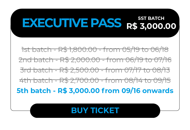Information card for purchasing an 'Executive Pass' ticket. The current price is for the 2nd batch: R$ 2,000.00. Batch details: 1st batch (closed) R$ 1,800.00 from 05/19 to 06/18; 2nd batch R$ 2,000.00 from 06/19 to 07/16; 3rd batch R$ 2,500.00 from 07/17 to 08/13; 4th batch R$ 2,700.00 from 08/14 to 09/15; 5th batch R$ 3,000.00 from 09/16 onwards. Bottom action button: Buy Ticket.