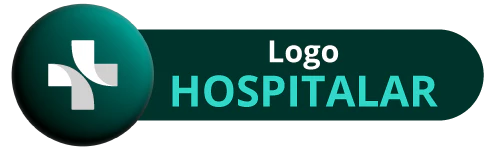 Botão verde com o texto "logo Hospitalar" e o simbolo da Hospitalar em formato de cruz na lateral esquerda.
