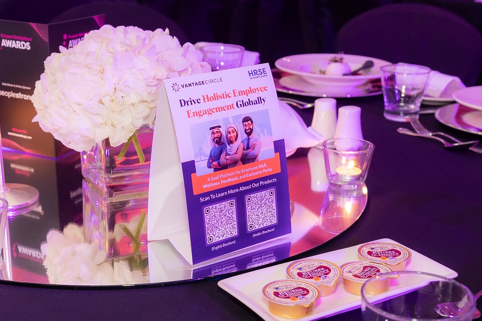 Sponsor branding and engagement display at gala dinner table during the Future Workplace Awards in Dubai, UAE.