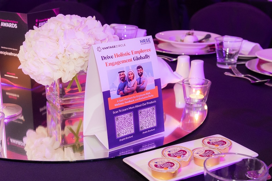 Sponsor branding and engagement display at gala dinner table during the Future Workplace Awards in Dubai, UAE.
