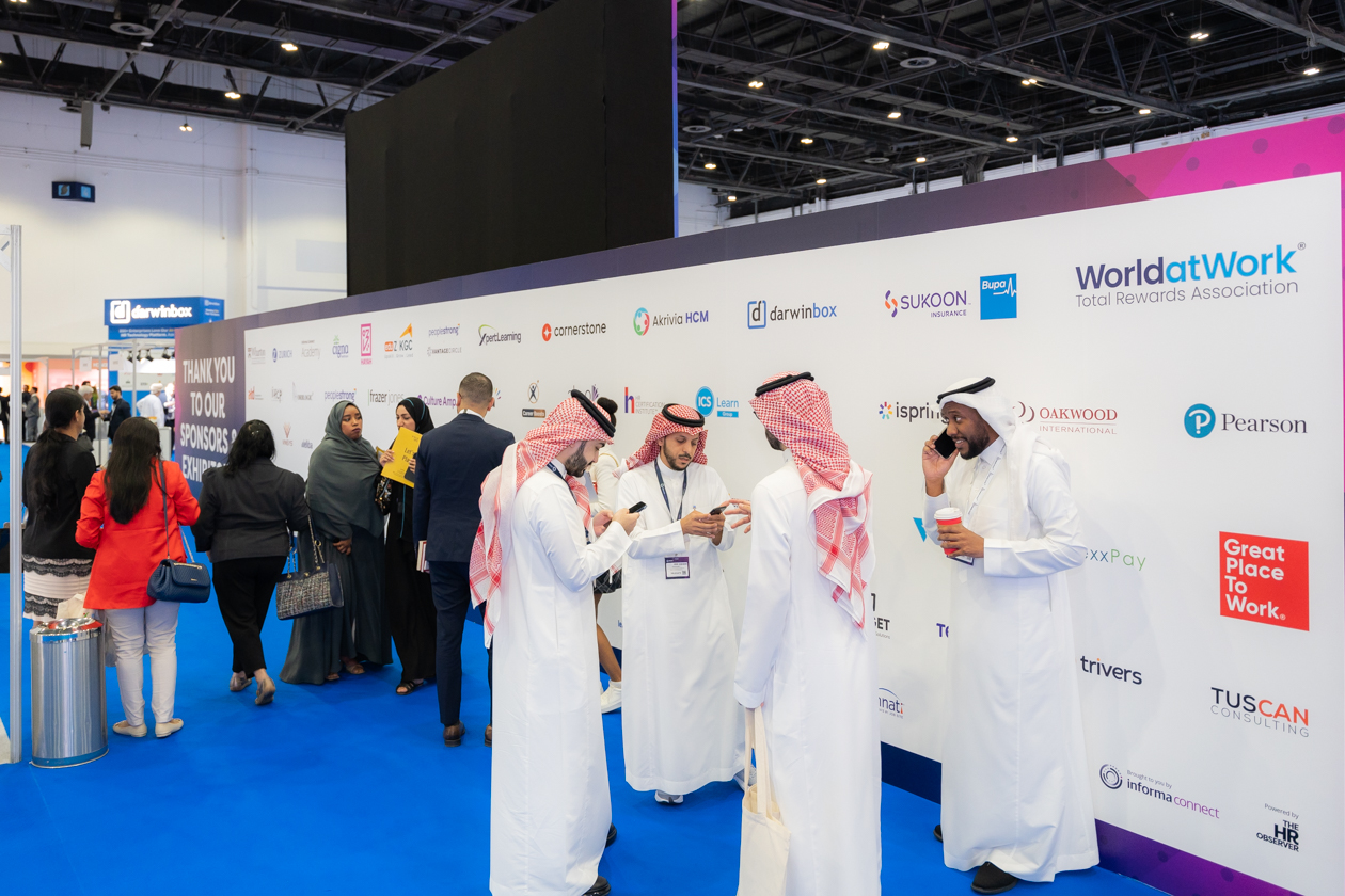 Attendees networking at HRSE Dubai 2025 exhibition booth, highlighting branding opportunities at the Middle East’s largest HR event.