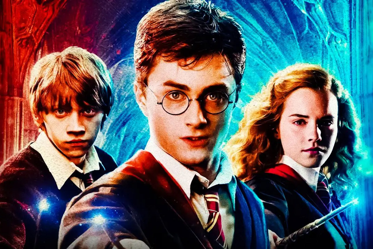 Harry, Ron, and Hermione pose with wands out and serious faces