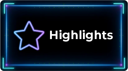 Digital interface button for download or viewing, featuring a multicolored neon star icon with internal bars, next to the white text 'Highlights'. The design follows a futuristic pattern with luminous cyan blue corners.