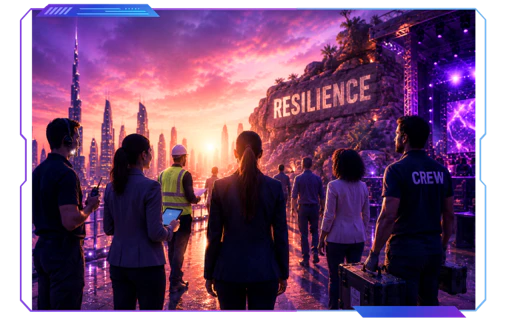 Future of events at Middle East Event Show 2026 featuring a futuristic GCC skyline, audience engagement technology, immersive experiences, and live event innovation.