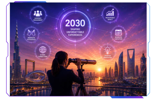 Future of events at Middle East Event Show 2026 featuring a futuristic GCC skyline, audience engagement technology, immersive experiences, and live event innovation.