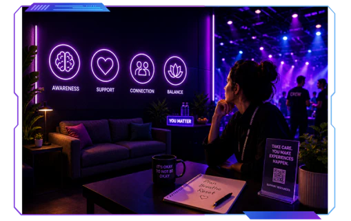 Mental wellbeing and event industry resilience discussion space at Middle East Event Show 2026 with calming lounge design and wellness-focused experiences.