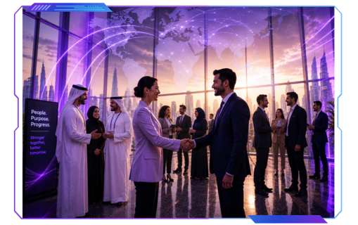 Business networking and human connection at Middle East Event Show 2026 featuring event professionals, Emirati attendees, and live industry collaboration in Dubai.