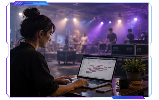 Freelance event professional managing live production and event operations backstage at Middle East Event Show 2026.