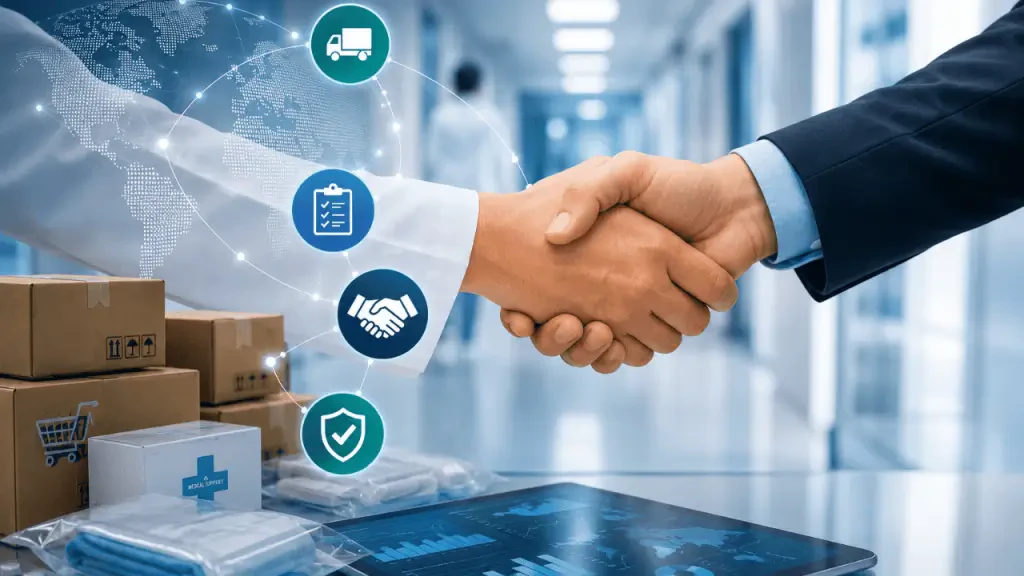 Aperto de mãos entre executivos simbolizando parcerias estratégicas na gestão de suprimentos hospitalares. A imagem reforça a importância da experiência do fornecedor no ecossistema da Hospitalar 2026