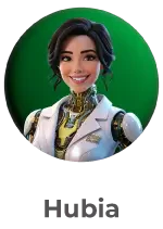 Artificial intelligence avatar with a human-like appearance and technological details, representing HubIA, the virtual assistant