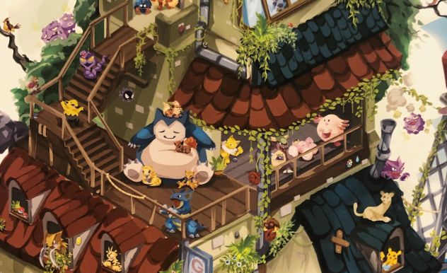painting of various pokemon on a large fantasy inspired house