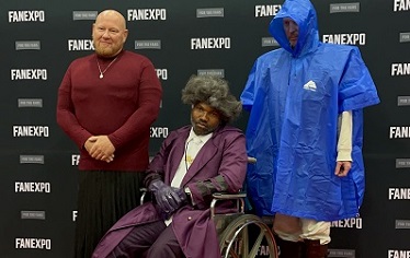 3 men cosplaying as Dennis from the movie Split, Elijah Price from the movie Glass, and David Dunn from the movie Unbreakable