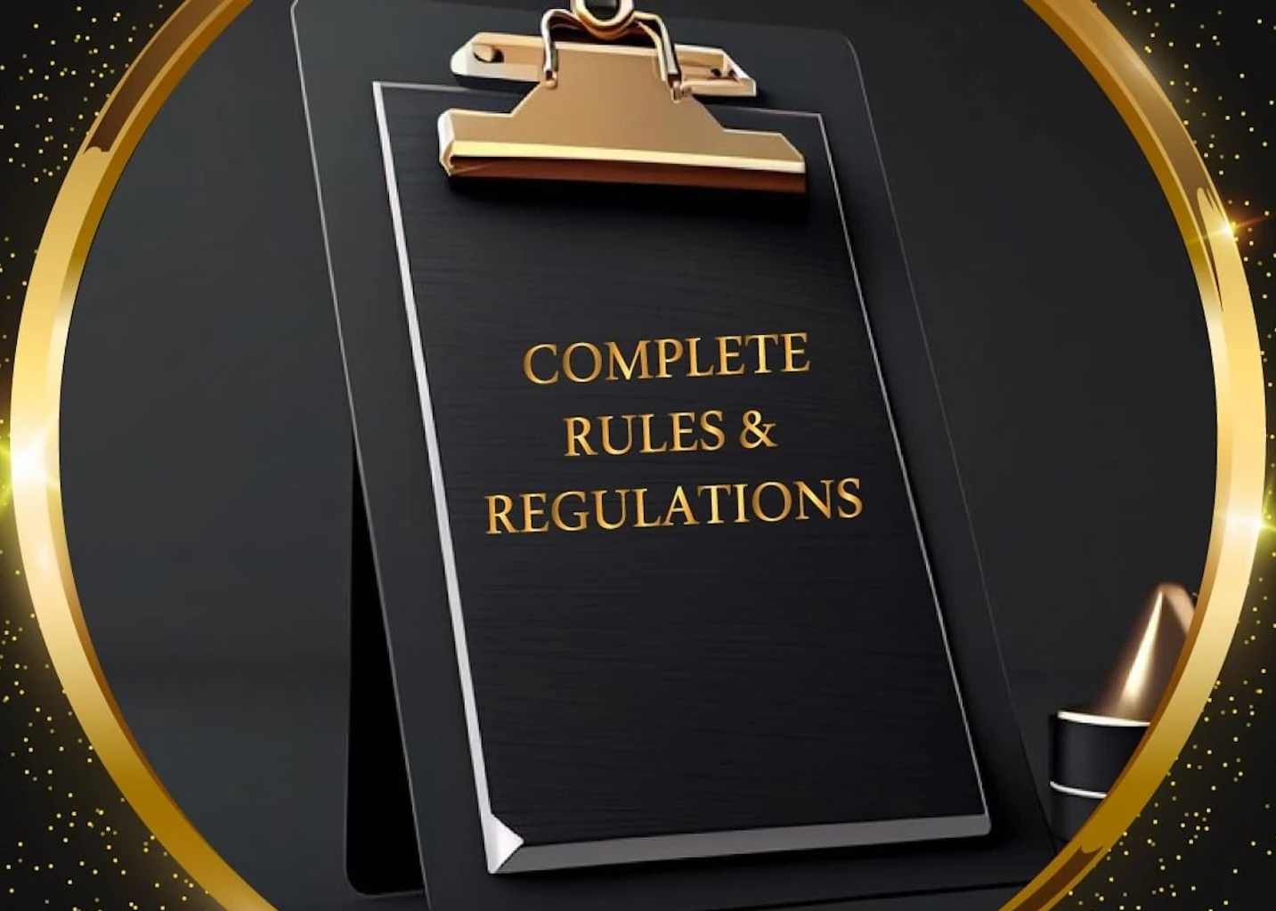 Clipboard design displaying “Complete Rules and Regulations,” representing the official event guidelines for the IRAA Palm Awards