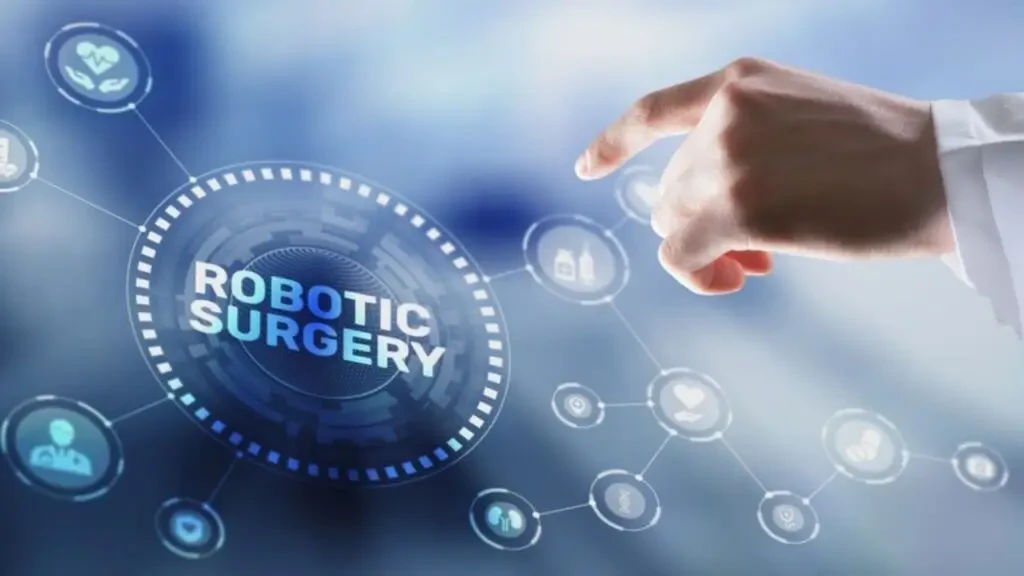 Mão médica interagindo com interface digital touch screen exibindo o texto Robotic Surgery e ícones de inovação em saúde e oncologia.