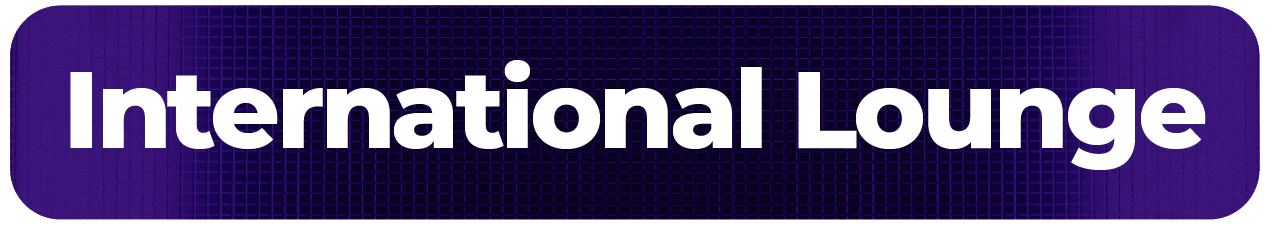 Botão roxo escuro com cantos arredondados e o texto "Lounge Internacional" escrito em branco