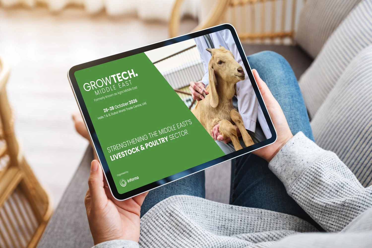 Growtech Middle East livestock and poultry sector guide displayed on a tablet promoting animal health and livestock production