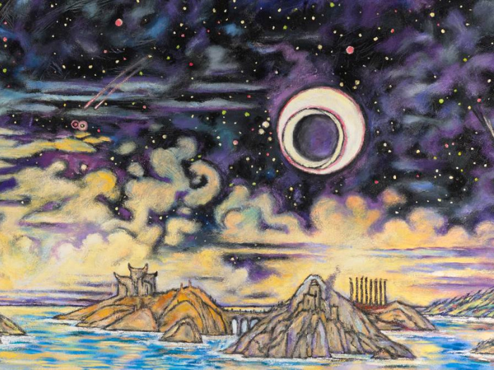 An oil painting of a few small islands surrounded by water at night, with a large moon and purple night sky above them.