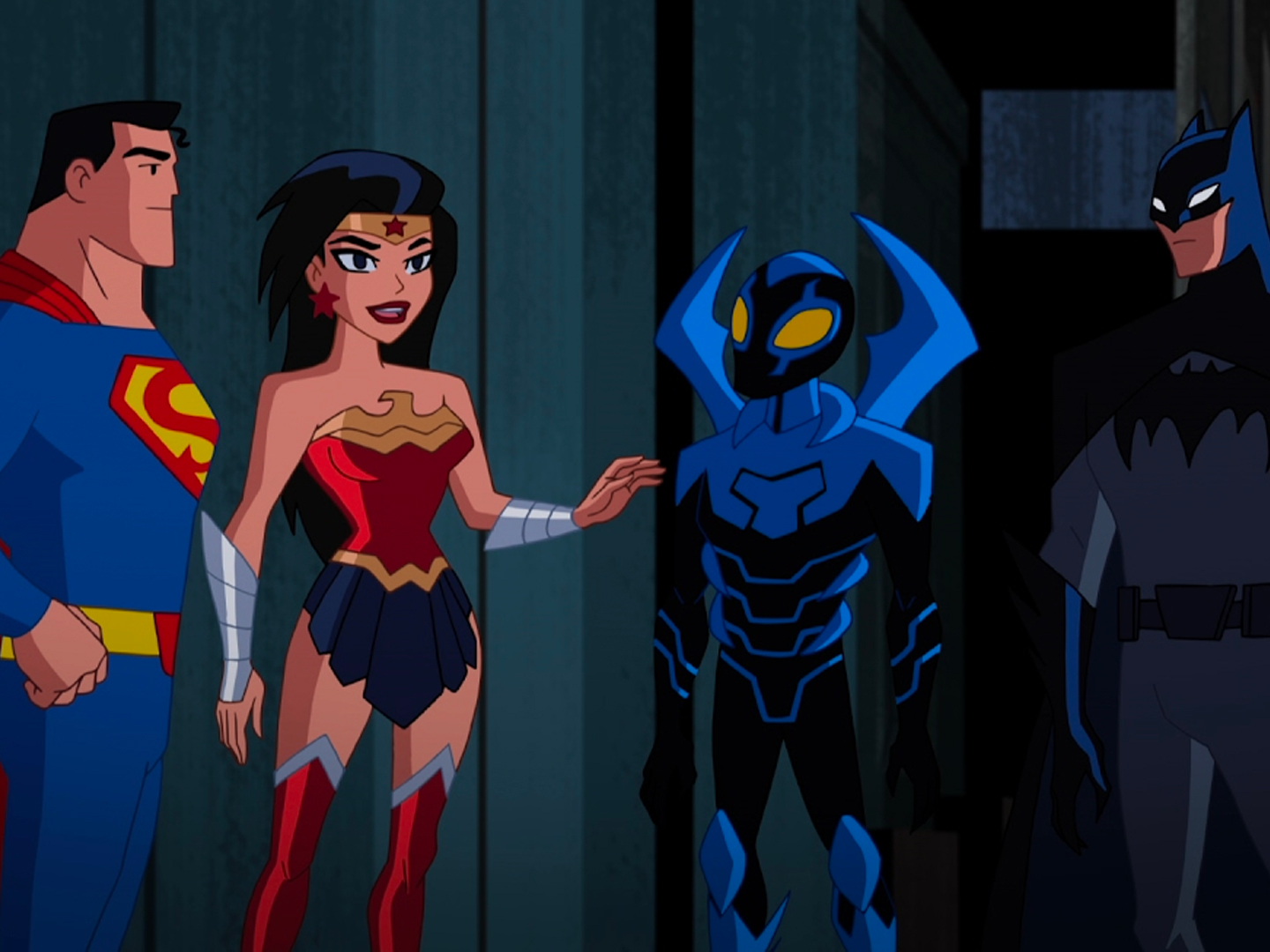 Blue Beetle stands with Superman, Wonder Woman, and Batman
