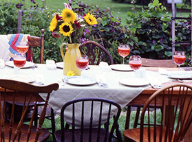 outdoor table with sunflowers