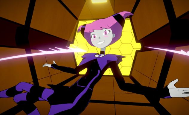 Cartoon character Jinx gracefully falling backwards as she uses her powers to set a trap