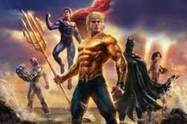 Justice league (Cyborg, Superman, Aquaman, Batman and Wonder Woman) posing on the shore.