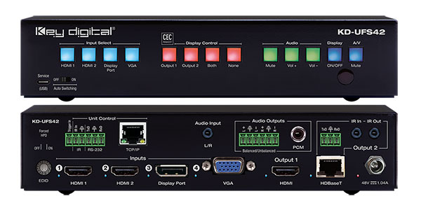 Key Digital KD-UFS42 universal format switcher with multiple input/output ports and front control buttons for HDMI, VGA, and DisplayPort sources.