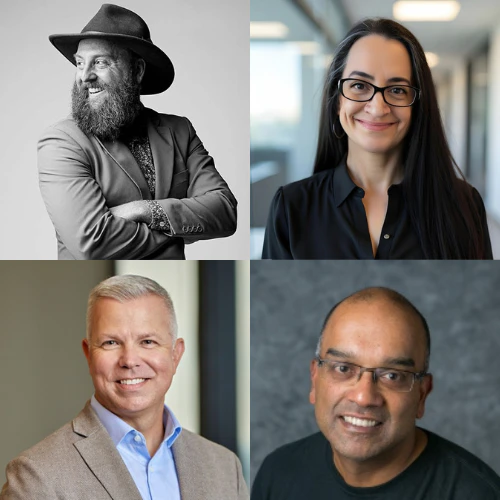 Composite image featuring four smiling keynote panelists in professional headshots arranged together, representing the expert panel discussion.