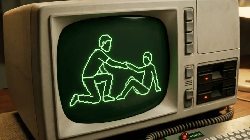 Monitor de computador antigo de tubo exibe uma ilustração em linhas verdes pixeladas de uma pessoa ajoelhada ajudando outra a se levantar. Imagem conceitual sobre Lean 4.0, inteligência artificial e pensamento enxuto na saúde.