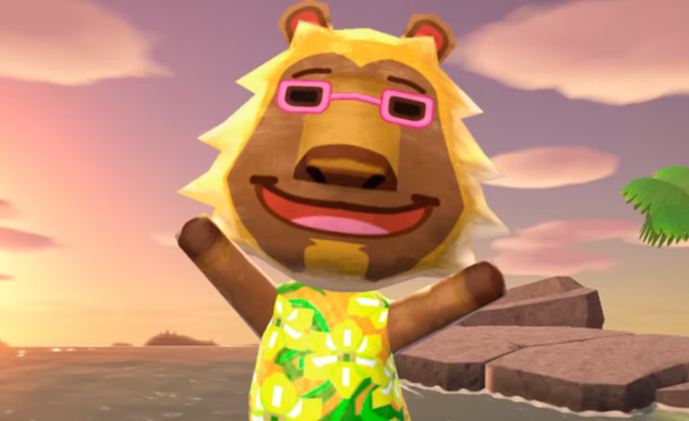 Bud stands in the sand cheering. He is a brown lion wearing a yellow floral shirt and pink sunglasses.