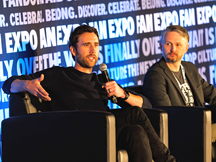 Matthew Lewis with a moderator at his panel at FAN EXPO Vancouver