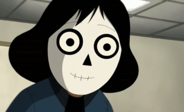 A young, dark hairs girl leans in, her face is painted like a skeleton.