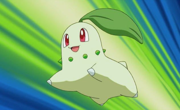 Chikorita leaps, all limbs outstretched,
