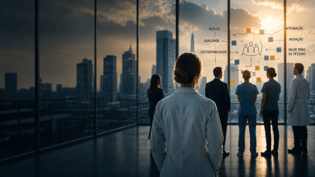Profissionais da área da saúde e gestão observam um painel estratégico em um ambiente corporativo moderno, simbolizando a liderança, a inovação e a tomada de decisões voltadas para qualidade, acesso, sustentabilidade e geração de valor no setor de saúde. Ao fundo, a paisagem urbana reforça a visão de futuro e transformação.