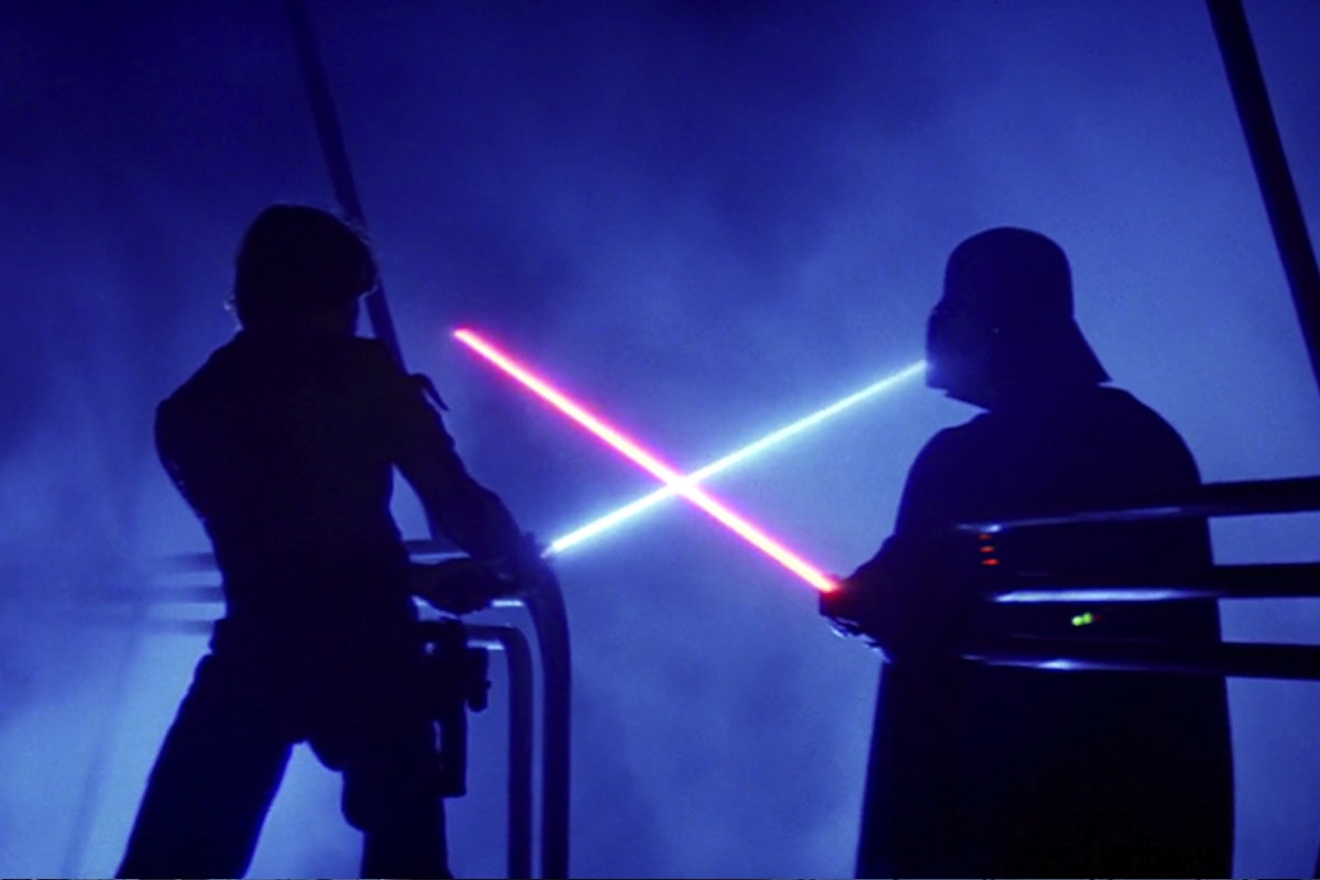 Luke Skywalker and Darth Vader fight with their blue & red lightsabers, respectively