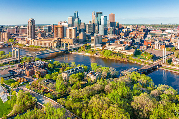 Aerial View of Minneapolis and the Mississippi river in summer