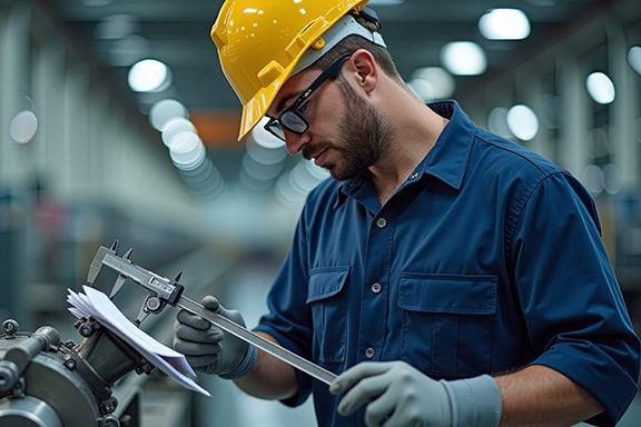 Industrial workers installing machinery indoors wearing safety gear hard hats reflective vests one reading blueprint other using tools pipes beams control panels teamwork practical realistic scene