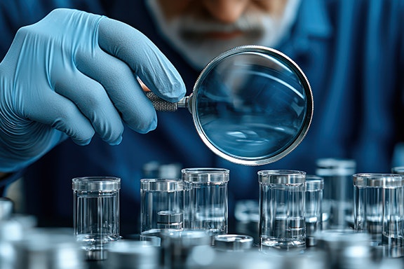 A scientist examines test tubes with a magnifying glass in a laboratory setting