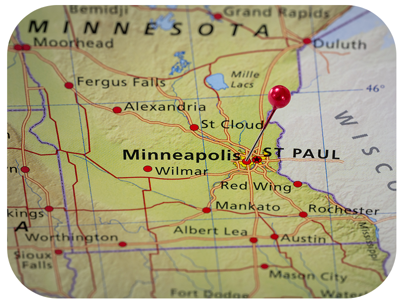 Colorful tourist location map with red stick pin at Minneapolis, Minnesota, USA and the surrounding area