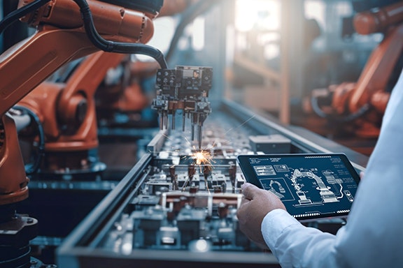 Engineers test the control of robot arm, Intelligent machine in factory industrial on real-time monitoring system software