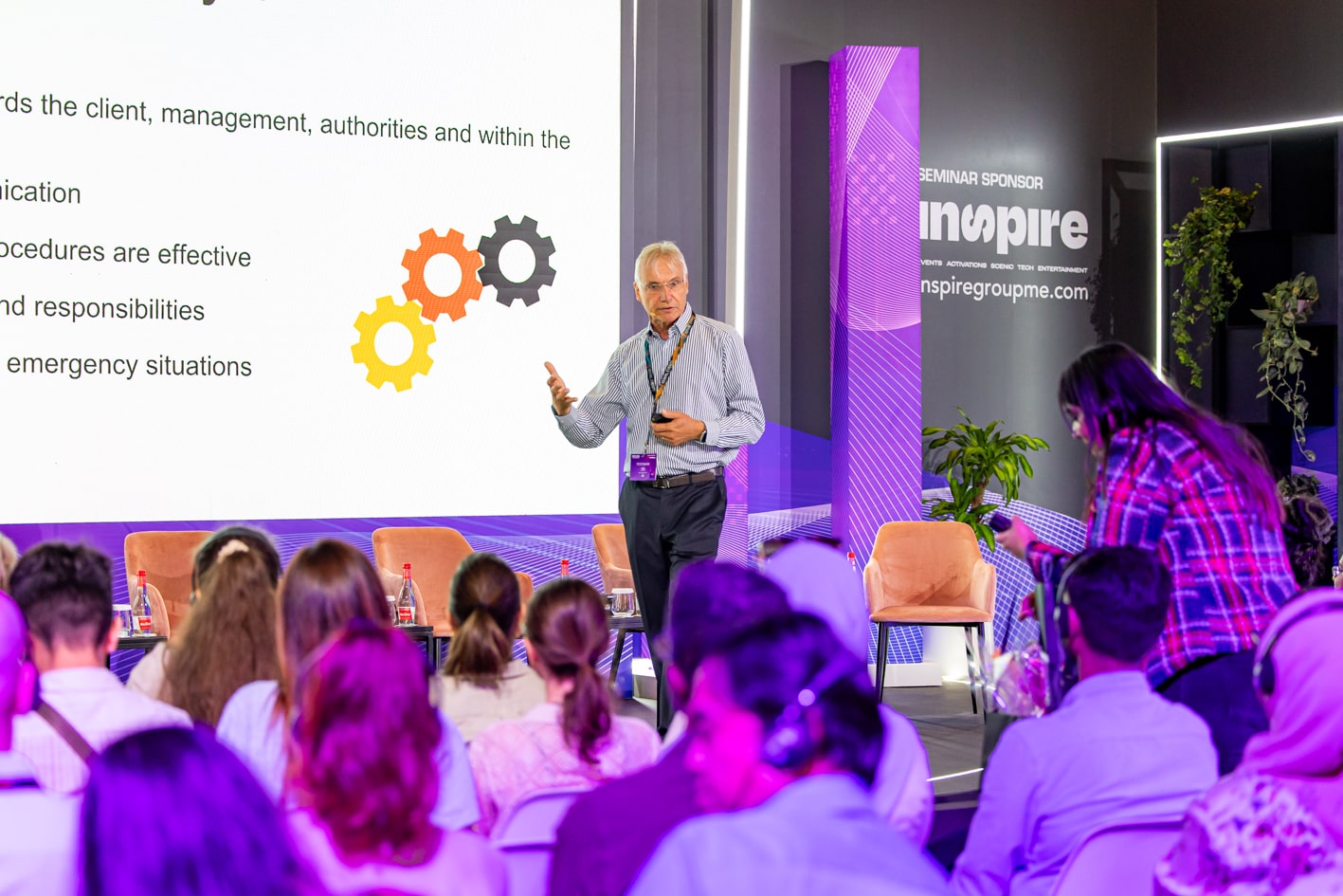 Attendees at MEES attending a live seminar in Dubai, gaining industry insights from expert speakers in a packed session room.