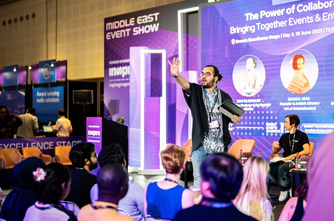 Industry leader speaking at a live conference session during Middle East Event Show 2026 in Dubai, sharing event industry insights, collaboration strategies, and trends shaping the future of MICE and live events in the Middle East.