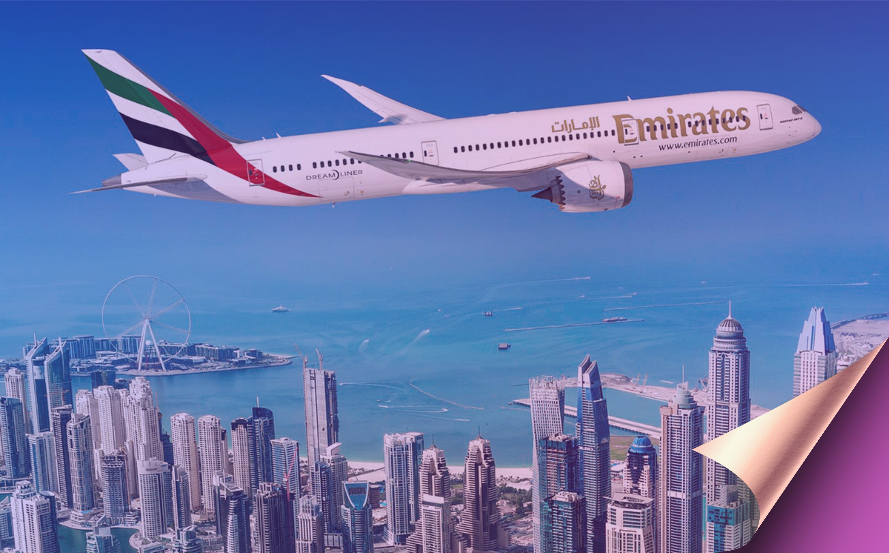 Emirates plane flying over Dubai, official airline partner offering discounted fares for MEES 2025 attendees flying in