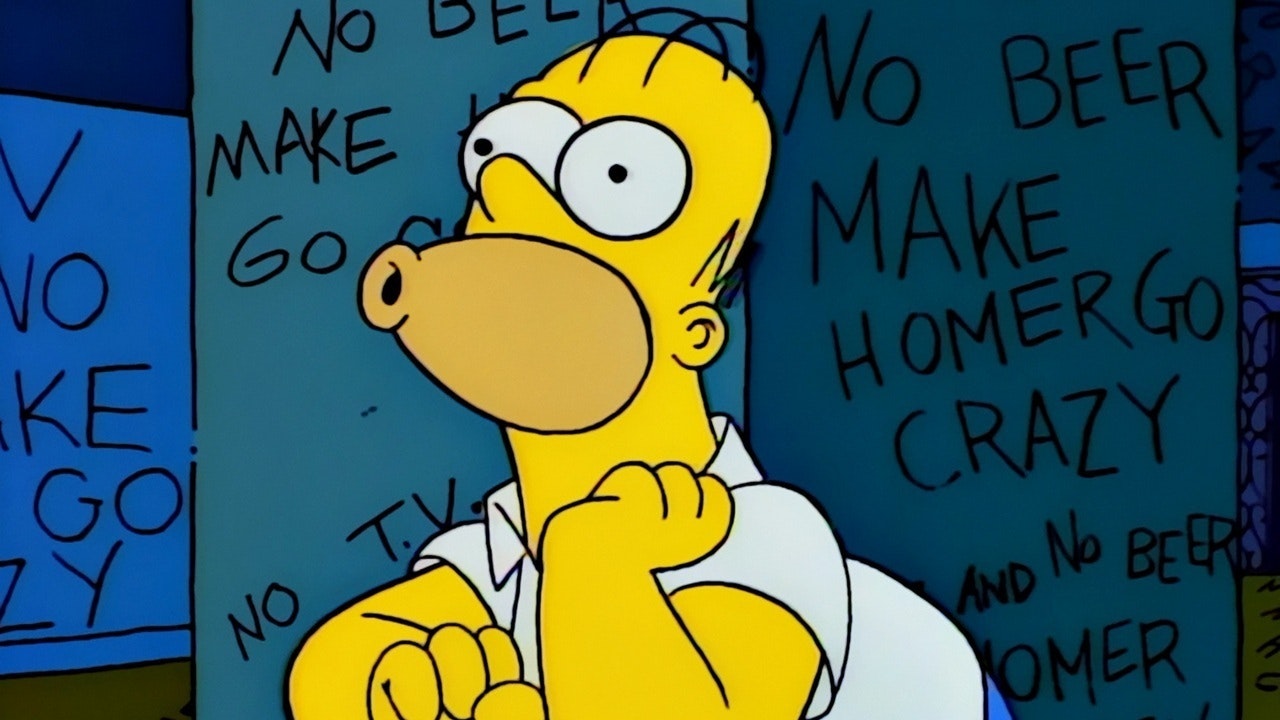 Homer's descent into madness (a la Jack Torrance) leads him to scribble the phrase "No TV and no beer make Homer go crazy" repeatedly all over the walls. Homer's face is puckered as he makes incoherent sounds