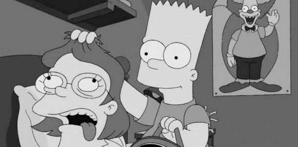 In black and white, Bart pulled Ms. Crabapple's severed zombie head out of his backpack
