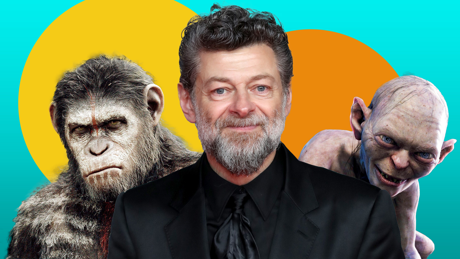 Andy Serkis with Caesar and Gollum behind him