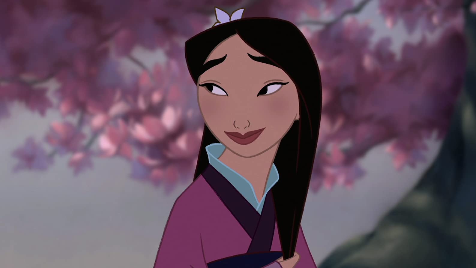 "mulan, with black hair and a pink top, looks to the left, smiling, with a pink tree behind her"