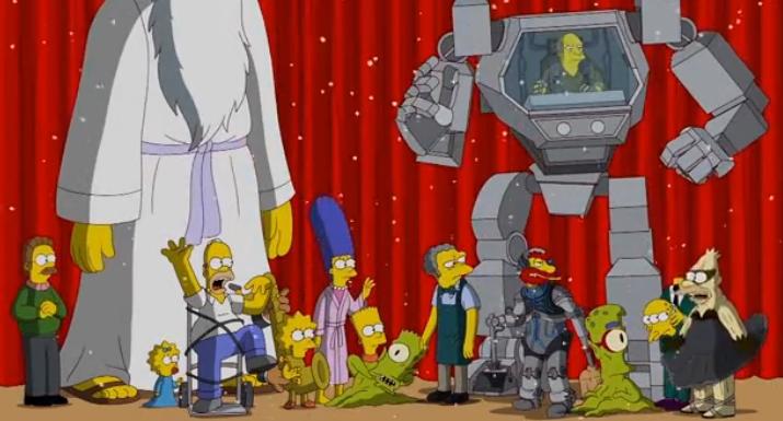 The Simpson family, Ned, Kang, Konos, Moe, A headless Mr. Burns, a Cyborg Groundskeeper Willy, Robot, and God halt an argument to turn and hear Grandpa Simpson, who is dressed like the Black Swan speak.