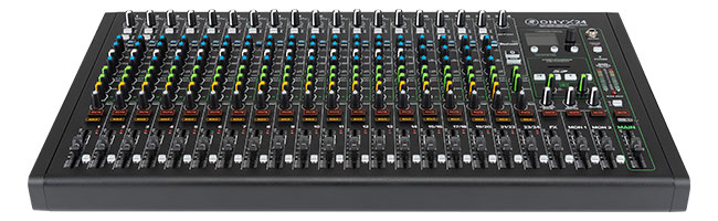 Mackie Onyx 24 compact analogue mixer with multiple input channels, Onyx mic preamps, British-style EQ, and onboard effects.