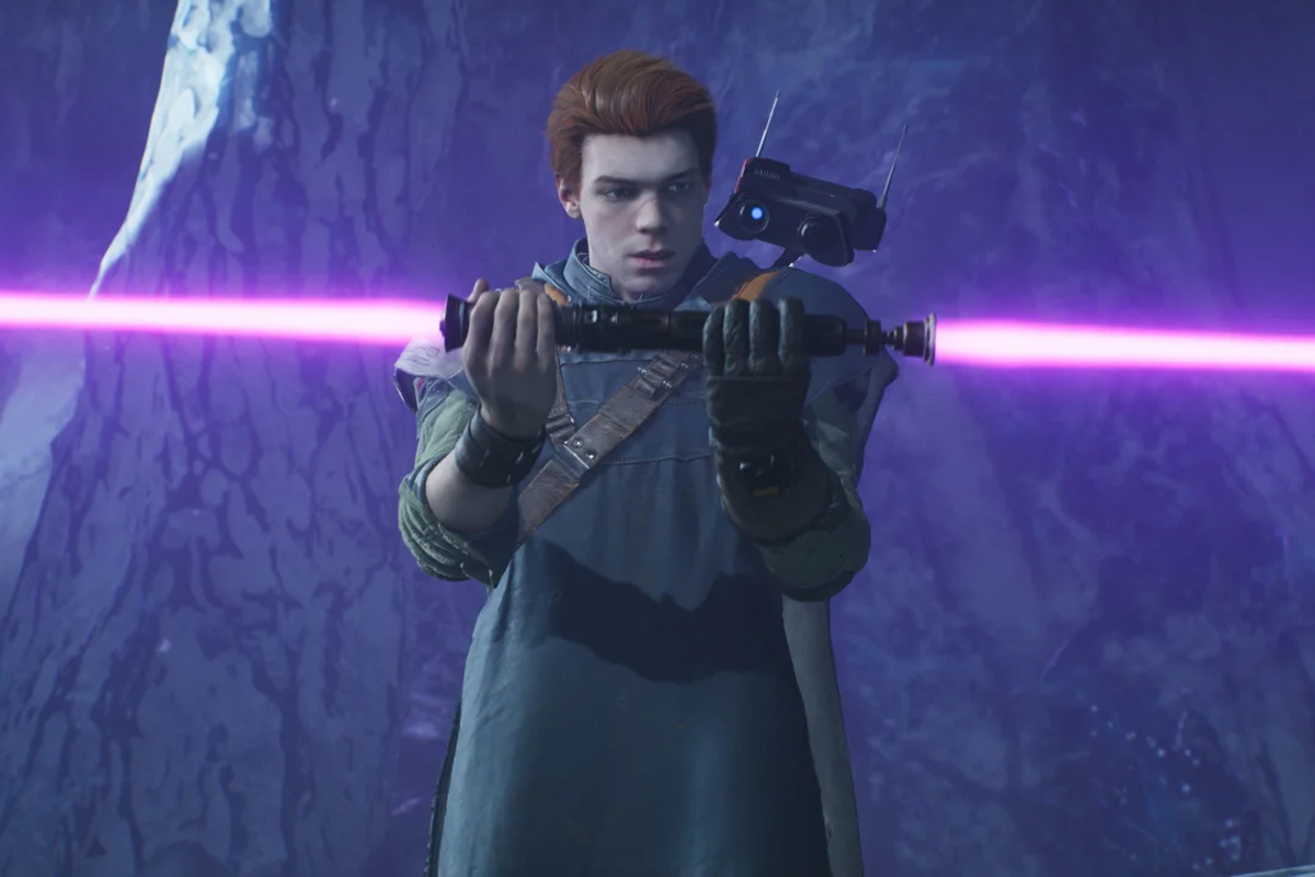 Cal Kestis from Jedi Fallen Order looking intently at his Magenta lightsaber activated and BD-1 peering out